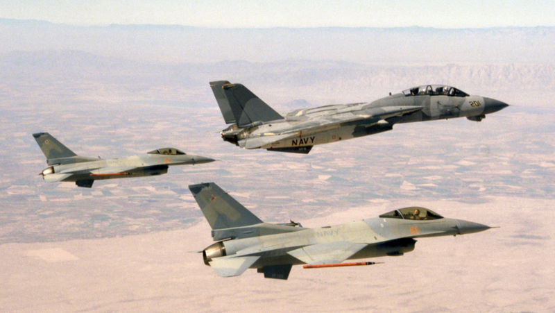 Grumman F-14A dressed as a Sukohi with her new fair weather friends the Generally Dynamic Mig-16 twins.